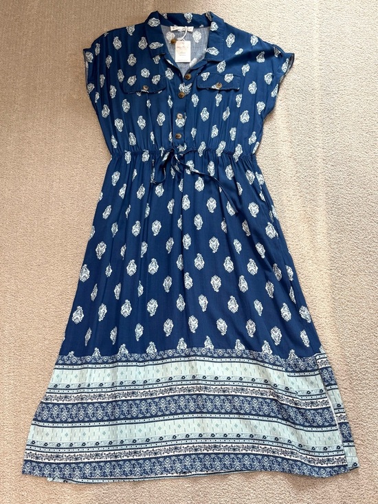 Lucky Brand Dresses & Skirts - Lucky Brand Midi Blue Collared Shirt Dress Button Drawstring Waist Size L  NWT